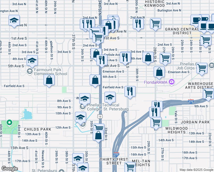 map of restaurants, bars, coffee shops, grocery stores, and more near 3301 Fairfield Avenue South in St. Petersburg