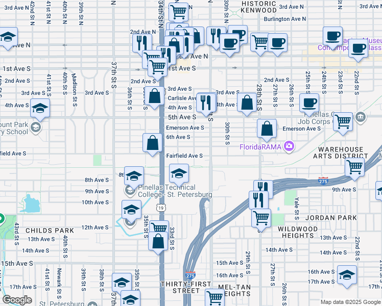 map of restaurants, bars, coffee shops, grocery stores, and more near 3215 Fairfield Avenue South in St. Petersburg