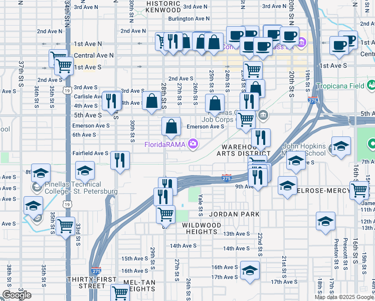 map of restaurants, bars, coffee shops, grocery stores, and more near 2576 Fairfield Avenue South in St. Petersburg