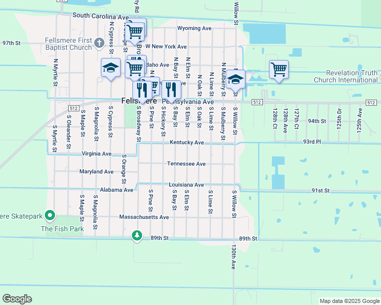 map of restaurants, bars, coffee shops, grocery stores, and more near 108 South Oak Street in Fellsmere