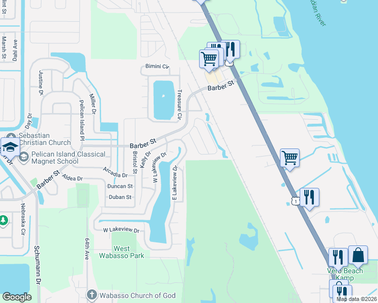 map of restaurants, bars, coffee shops, grocery stores, and more near 2051 Barber Street in Sebastian