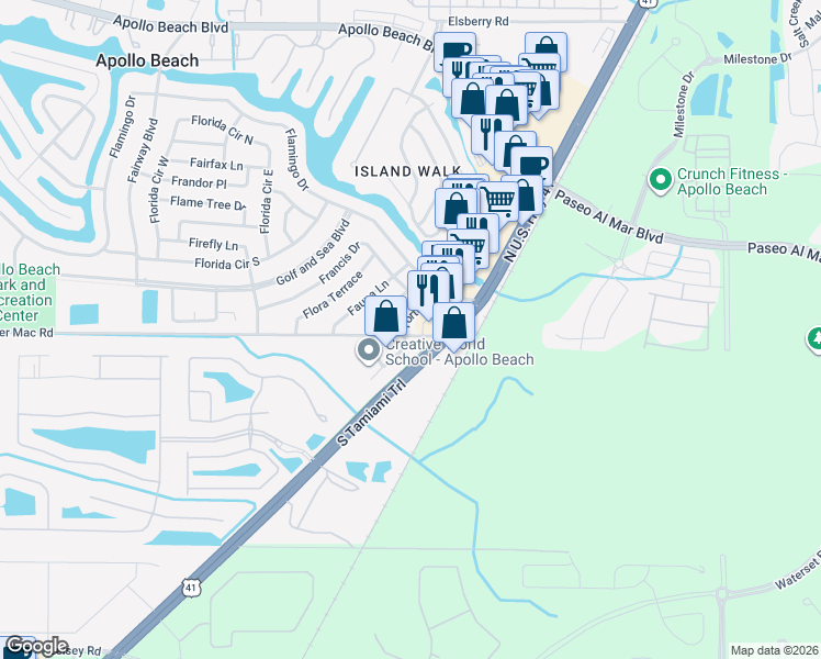 map of restaurants, bars, coffee shops, grocery stores, and more near 5926 Fortune Place in Apollo Beach