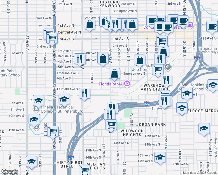 map of restaurants, bars, coffee shops, grocery stores, and more near 2788 Fairfield Avenue South in St. Petersburg