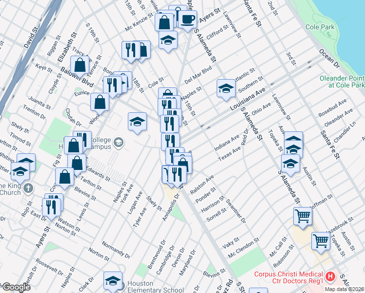 map of restaurants, bars, coffee shops, grocery stores, and more near 1001 Louisiana Avenue in Corpus Christi