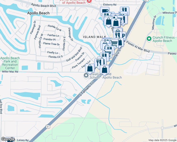map of restaurants, bars, coffee shops, grocery stores, and more near 5926 Fortune Place in Apollo Beach