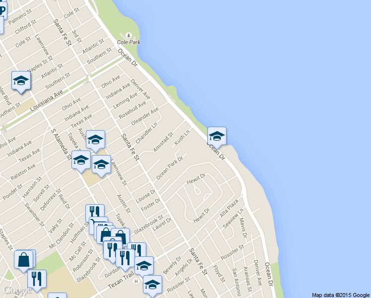map of restaurants, bars, coffee shops, grocery stores, and more near 3113 Ocean Drive in Corpus Christi