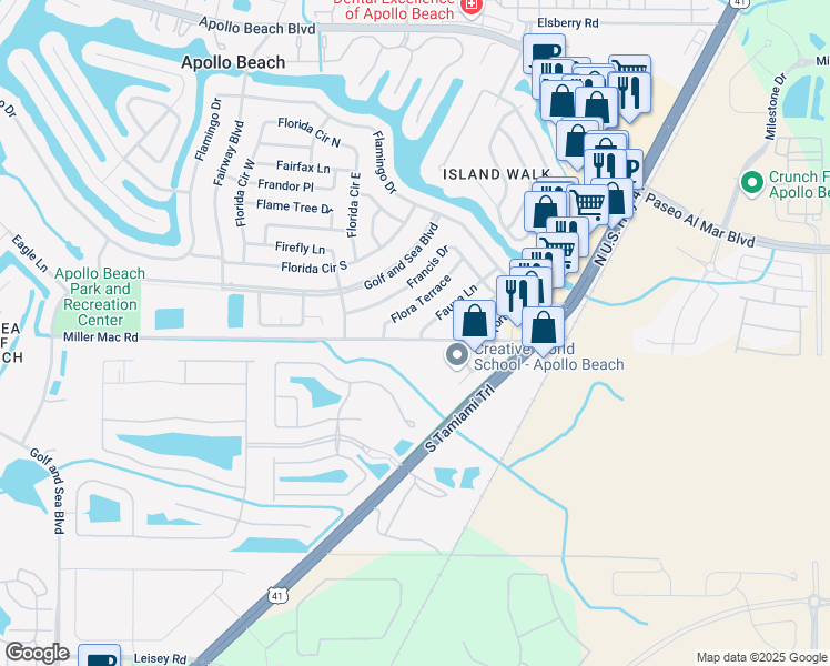 map of restaurants, bars, coffee shops, grocery stores, and more near 6000 Fauna Lane in Apollo Beach