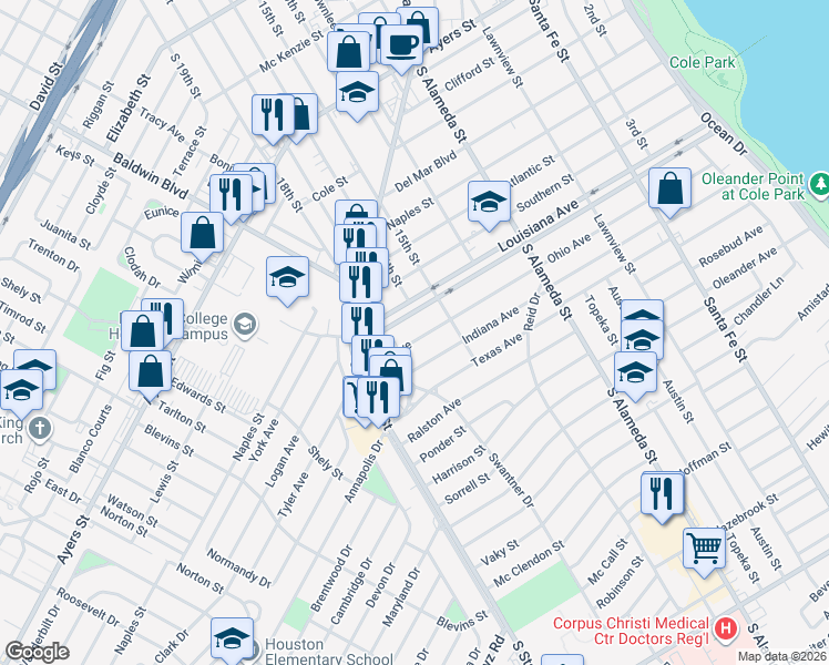 map of restaurants, bars, coffee shops, grocery stores, and more near 815 Ohio Avenue in Corpus Christi