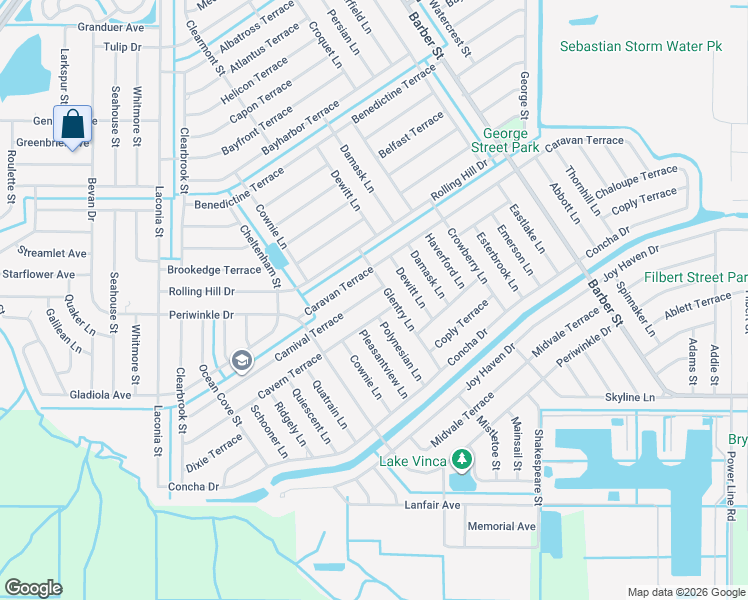 map of restaurants, bars, coffee shops, grocery stores, and more near 514 Carnival Terrace in Sebastian