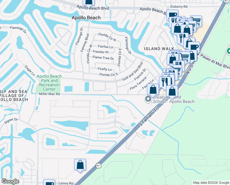 map of restaurants, bars, coffee shops, grocery stores, and more near 6002 Firefly Lane in Apollo Beach