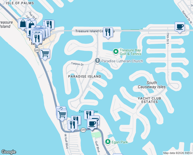 map of restaurants, bars, coffee shops, grocery stores, and more near 25 Island Drive in Treasure Island