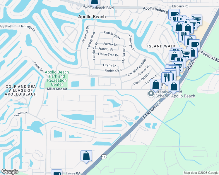 map of restaurants, bars, coffee shops, grocery stores, and more near 512 Red Mangrove Lane in Apollo Beach