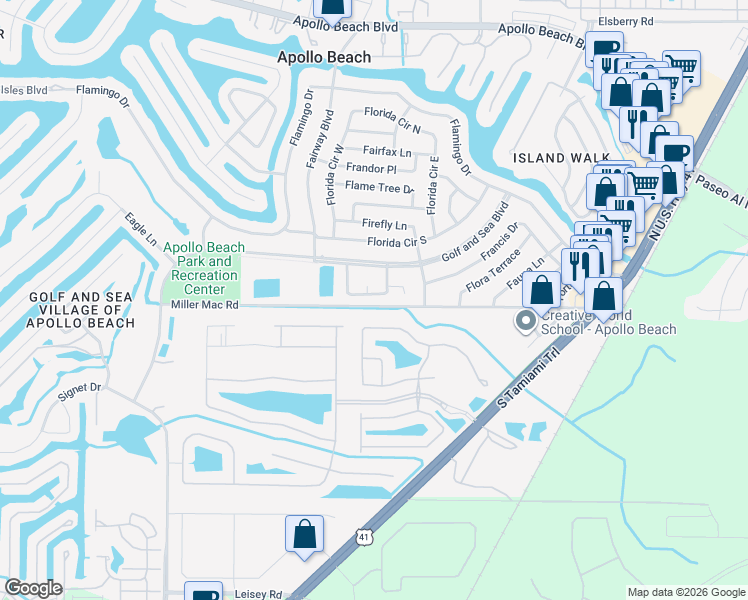 map of restaurants, bars, coffee shops, grocery stores, and more near 516 Red Mangrove Lane in Apollo Beach
