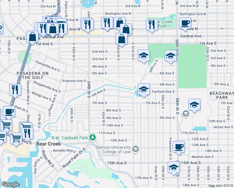 map of restaurants, bars, coffee shops, grocery stores, and more near 655 62nd Street South in St. Petersburg