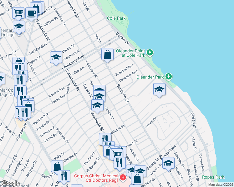 map of restaurants, bars, coffee shops, grocery stores, and more near 334 Melrose Street in Corpus Christi