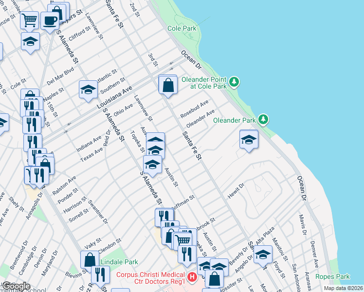 map of restaurants, bars, coffee shops, grocery stores, and more near 334 Melrose Street in Corpus Christi