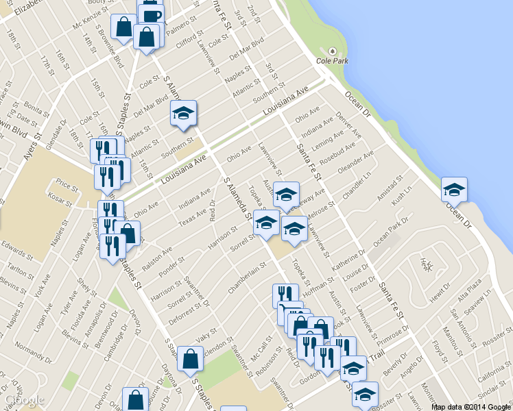 map of restaurants, bars, coffee shops, grocery stores, and more near 2855 Topeka Street in Corpus Christi