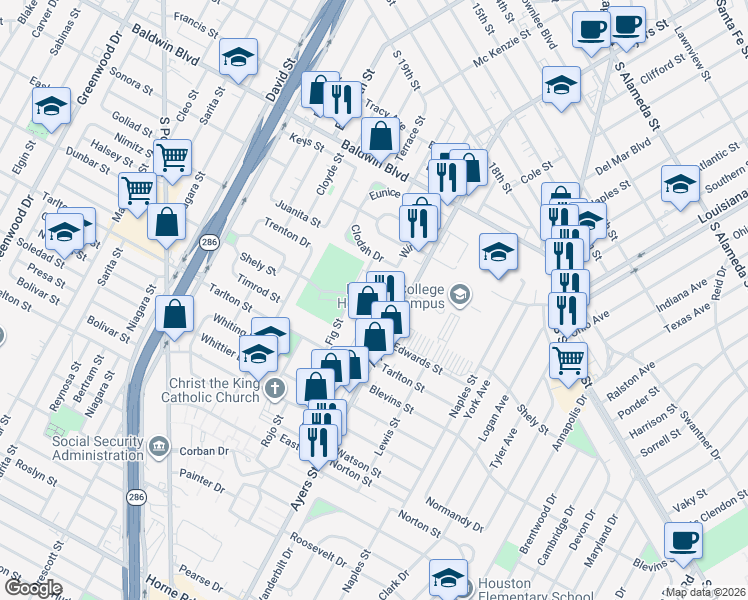 map of restaurants, bars, coffee shops, grocery stores, and more near 1417 Shely Street in Corpus Christi