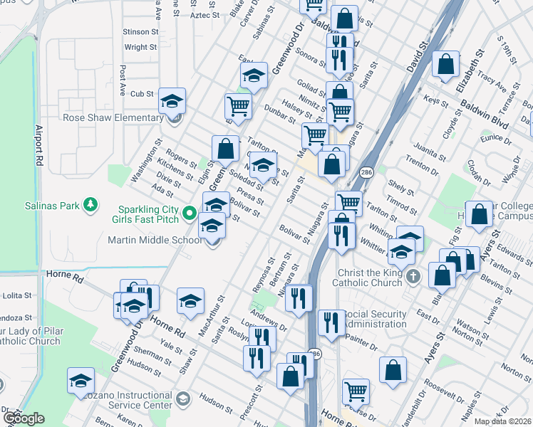map of restaurants, bars, coffee shops, grocery stores, and more near 2509 Bolivar Street in Corpus Christi