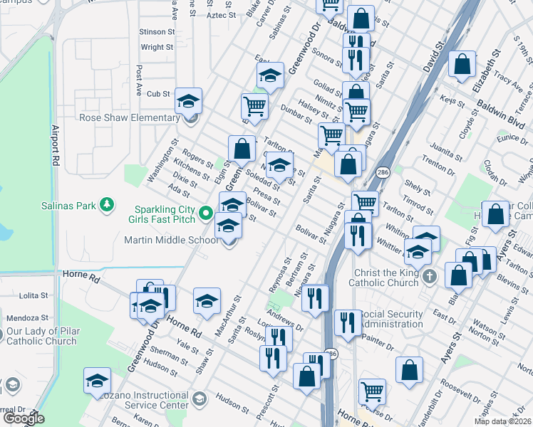 map of restaurants, bars, coffee shops, grocery stores, and more near 2509 Bolivar Street in Corpus Christi
