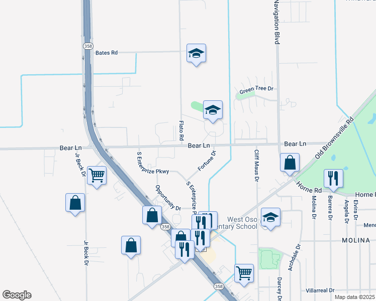map of restaurants, bars, coffee shops, grocery stores, and more near 5413 Bear Lane in Corpus Christi