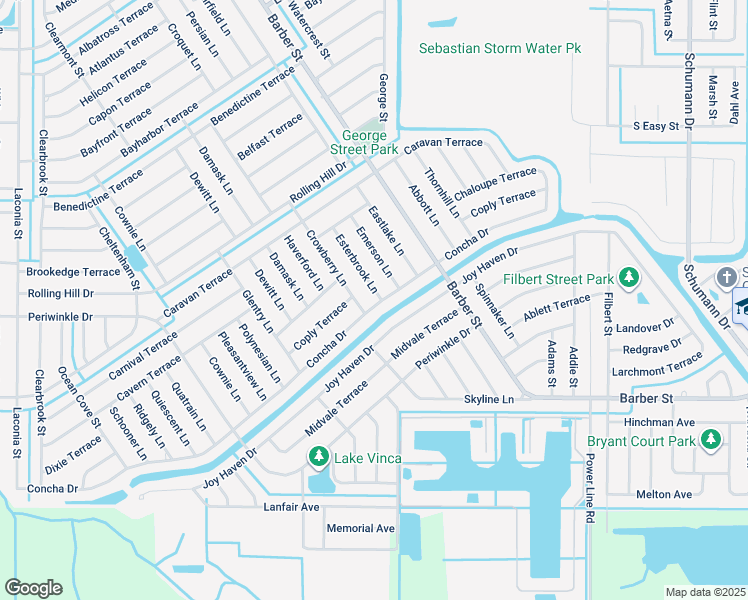 map of restaurants, bars, coffee shops, grocery stores, and more near 1597 Esterbrook Lane in Sebastian