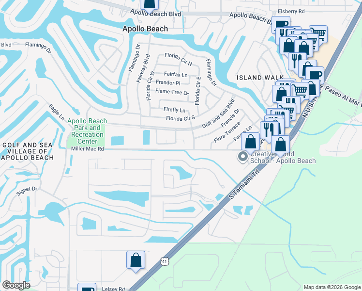 map of restaurants, bars, coffee shops, grocery stores, and more near 404 Buttonwood Court in Apollo Beach