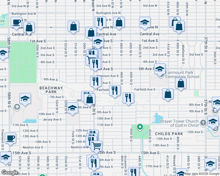 map of restaurants, bars, coffee shops, grocery stores, and more near 4740 Fairfield Avenue South in St. Petersburg