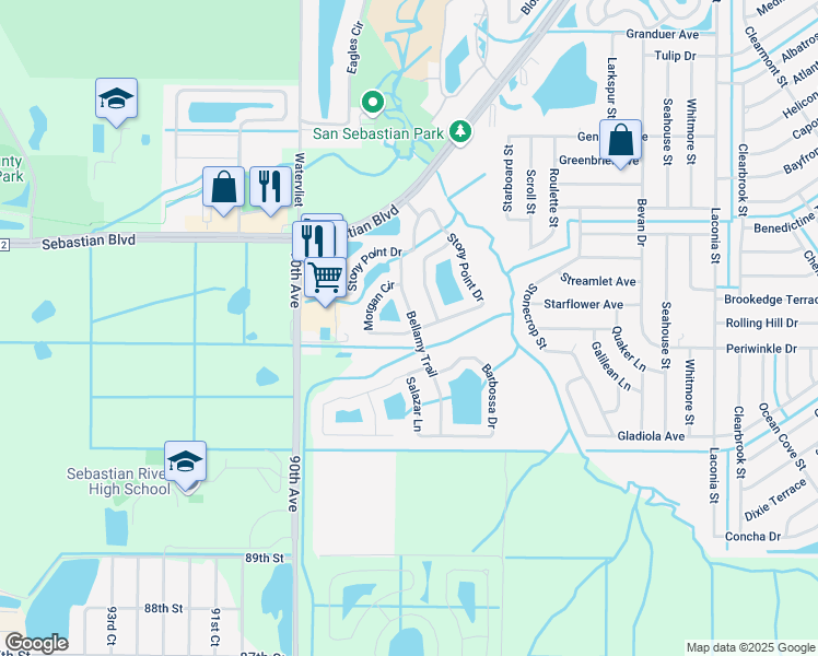 map of restaurants, bars, coffee shops, grocery stores, and more near 136 Bellamy Trail in Sebastian
