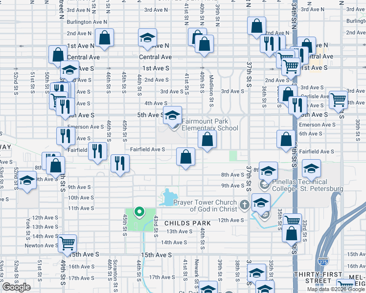 map of restaurants, bars, coffee shops, grocery stores, and more near 4115 Fairfield Avenue South in St. Petersburg