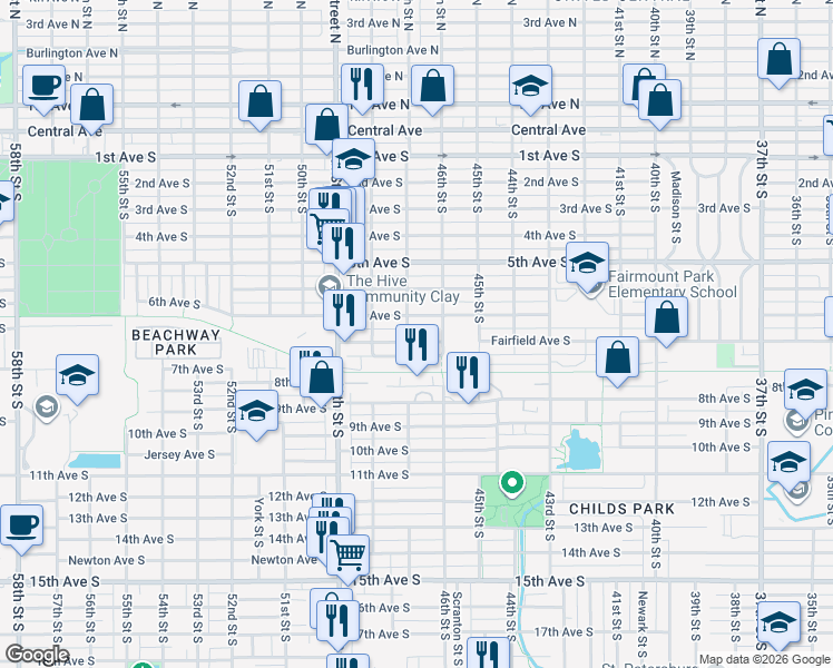 map of restaurants, bars, coffee shops, grocery stores, and more near 4636 Fairfield Avenue South in St. Petersburg