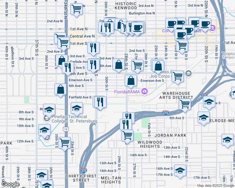 map of restaurants, bars, coffee shops, grocery stores, and more near 2872 Fairfield Avenue South in St. Petersburg