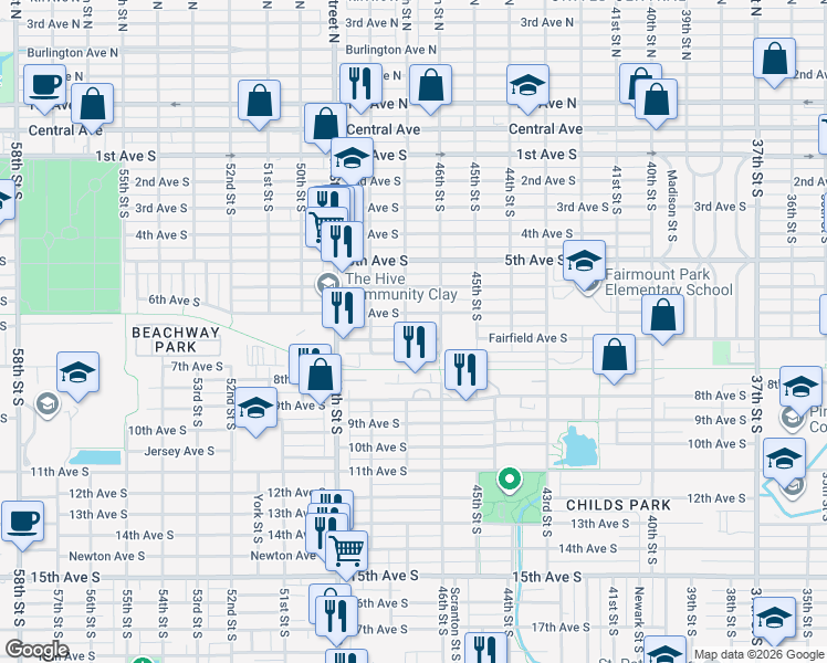map of restaurants, bars, coffee shops, grocery stores, and more near 4636 Fairfield Avenue South in St. Petersburg