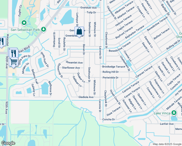 map of restaurants, bars, coffee shops, grocery stores, and more near 1460 Seahouse Street in Sebastian