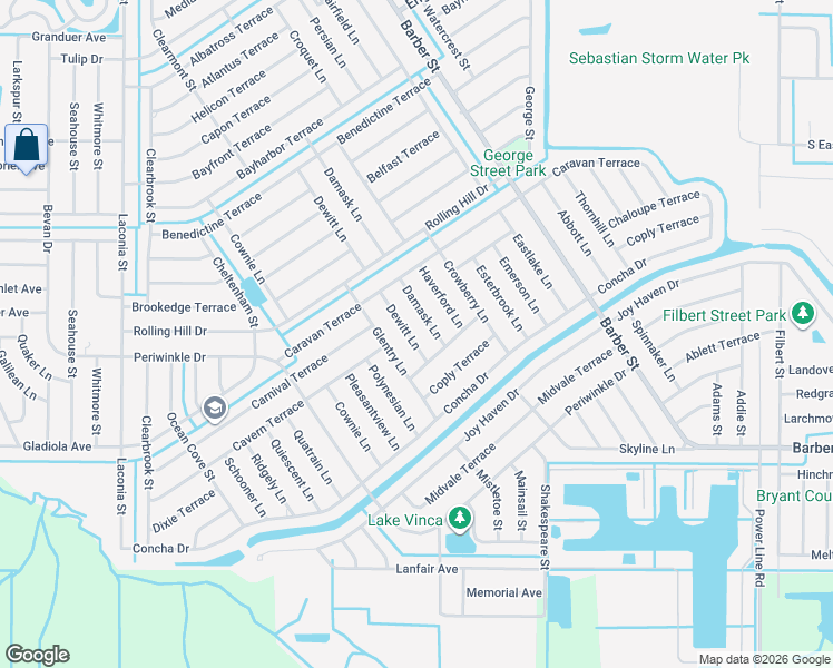 map of restaurants, bars, coffee shops, grocery stores, and more near 1564 Glentry Lane in Sebastian