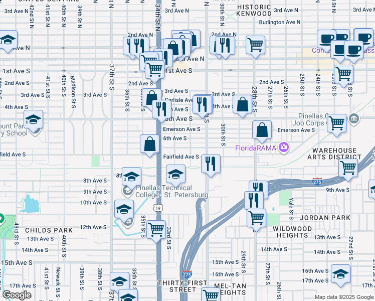 map of restaurants, bars, coffee shops, grocery stores, and more near 3215 Fairfield Avenue South in St. Petersburg