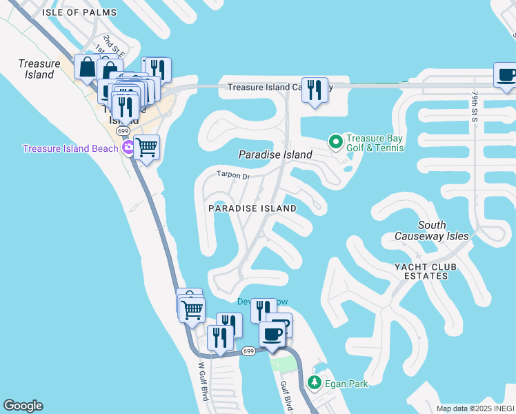 map of restaurants, bars, coffee shops, grocery stores, and more near 10127 4th Street East in Treasure Island
