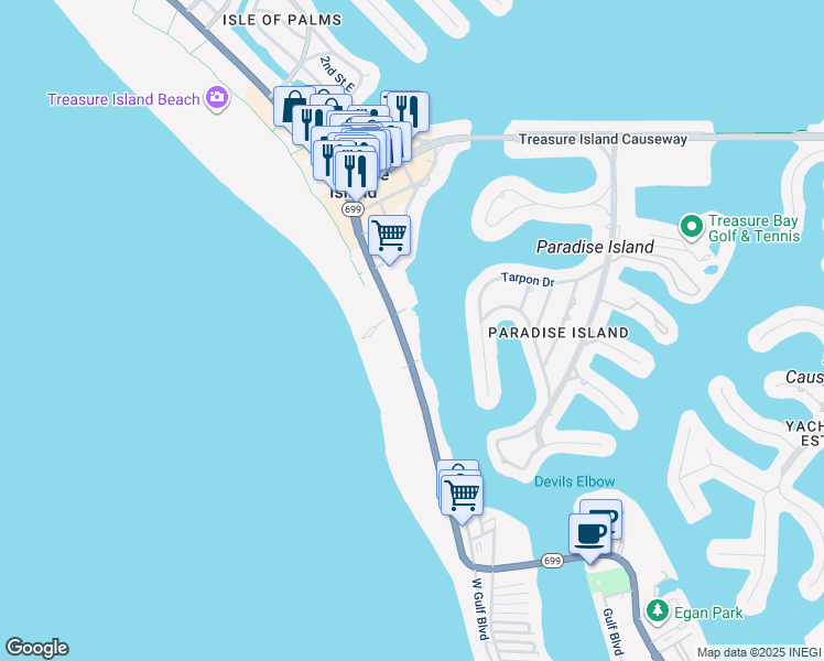 map of restaurants, bars, coffee shops, grocery stores, and more near 10224 Florida 699 in Treasure Island