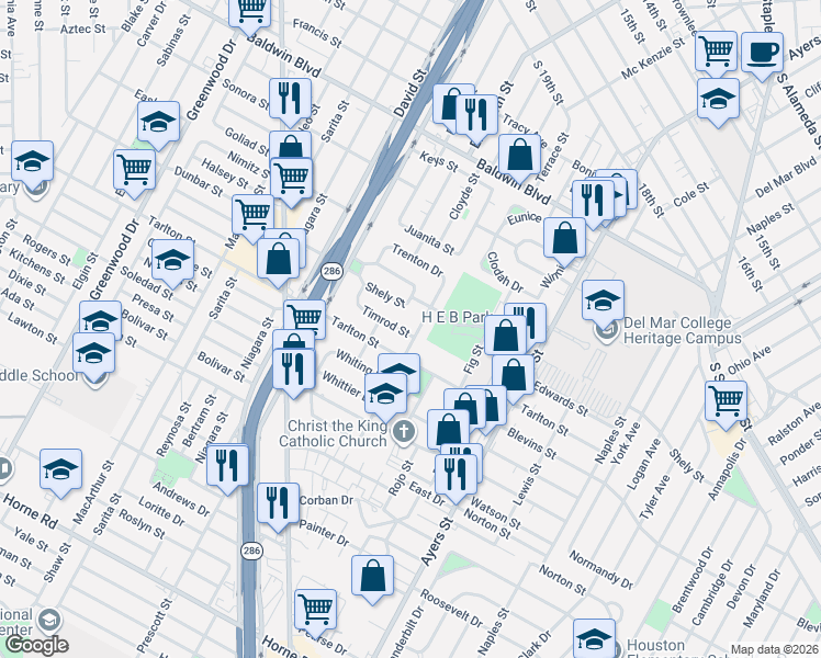 map of restaurants, bars, coffee shops, grocery stores, and more near 1710 Tarlton Street in Corpus Christi