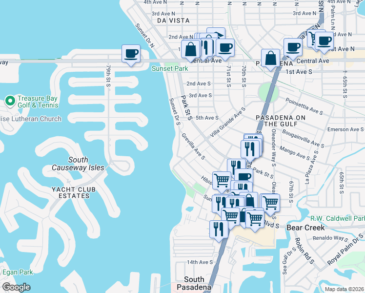 map of restaurants, bars, coffee shops, grocery stores, and more near 636 Sunset Drive South in St. Petersburg