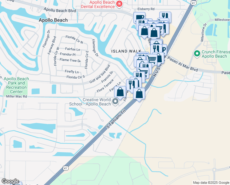 map of restaurants, bars, coffee shops, grocery stores, and more near 6004 Frond Way in Apollo Beach
