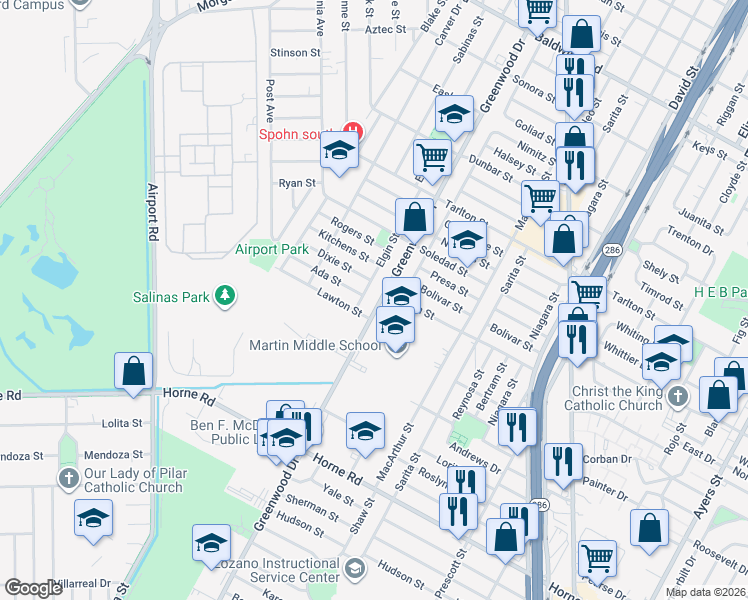 map of restaurants, bars, coffee shops, grocery stores, and more near 2625 Belton Street in Corpus Christi