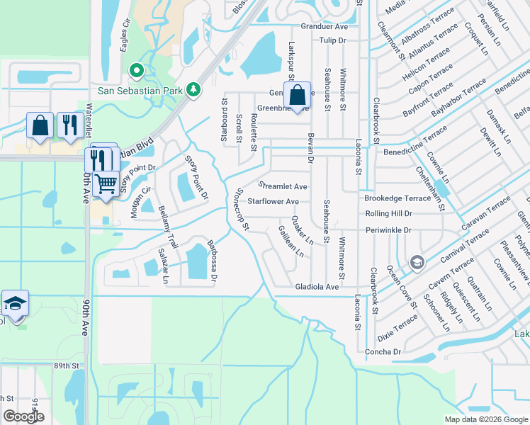map of restaurants, bars, coffee shops, grocery stores, and more near 1626 Stonecrop Street in Sebastian