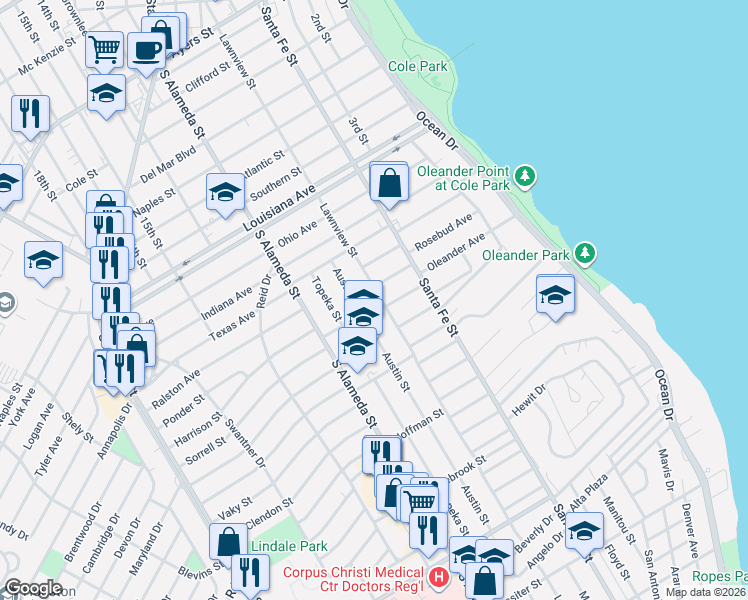 map of restaurants, bars, coffee shops, grocery stores, and more near 2862 Austin Street in Corpus Christi