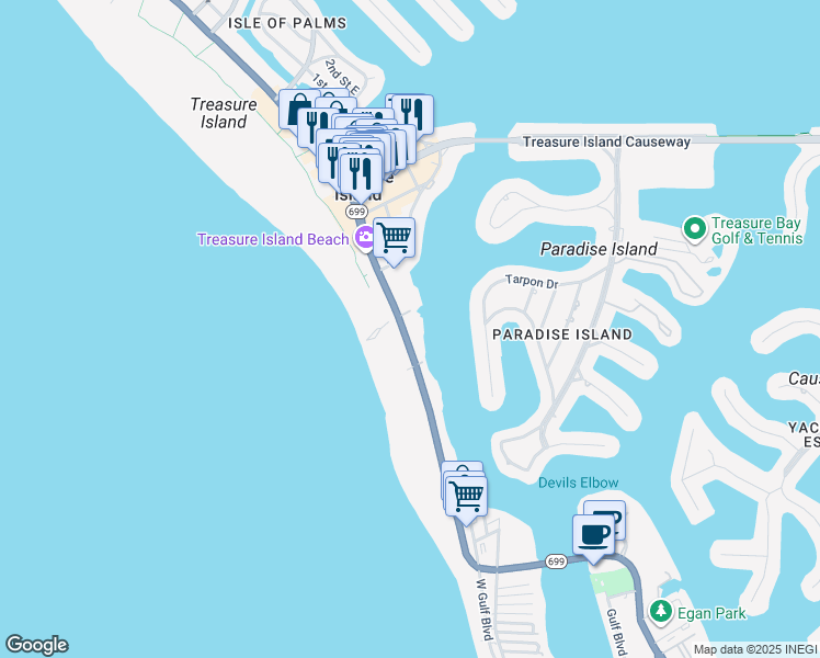 map of restaurants, bars, coffee shops, grocery stores, and more near 10224 Florida 699 in Treasure Island