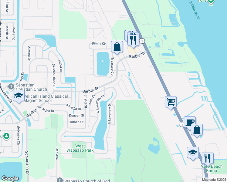 map of restaurants, bars, coffee shops, grocery stores, and more near 3545-3547 North Derry Drive in Sebastian