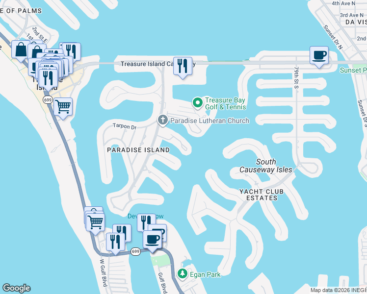 map of restaurants, bars, coffee shops, grocery stores, and more near 513 Haven Point Drive in Treasure Island