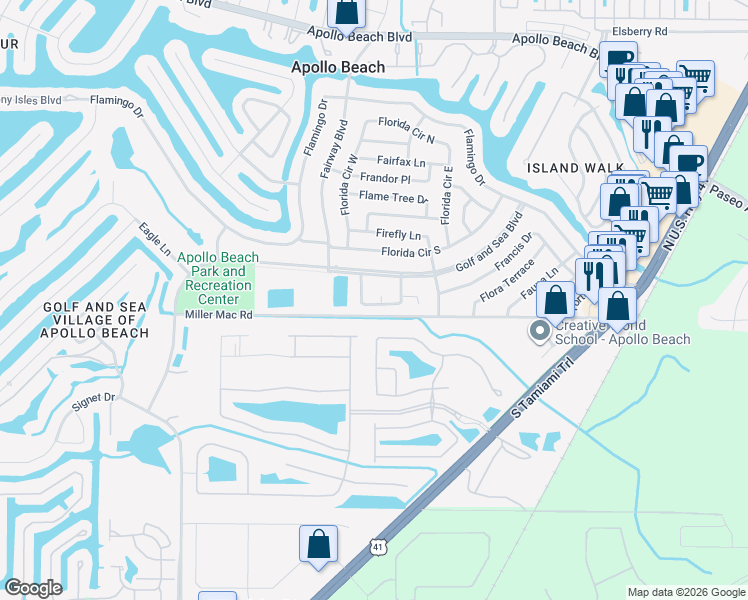 map of restaurants, bars, coffee shops, grocery stores, and more near 529 Red Mangrove Lane in Apollo Beach