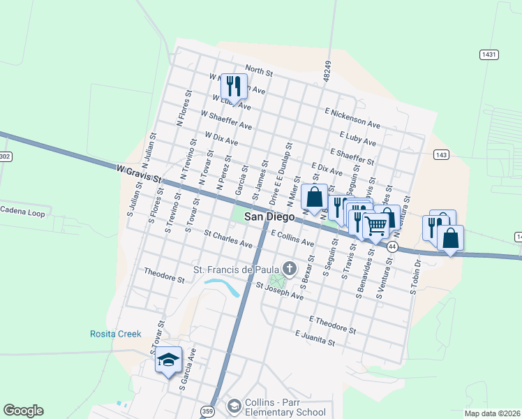map of restaurants, bars, coffee shops, grocery stores, and more near 100 Street James Street in San Diego