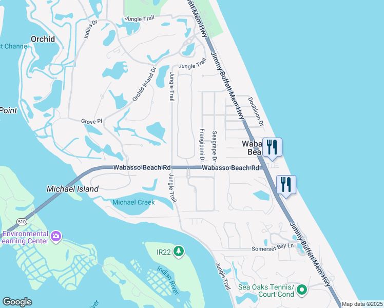 map of restaurants, bars, coffee shops, grocery stores, and more near 9355 East Maiden Court in Vero Beach